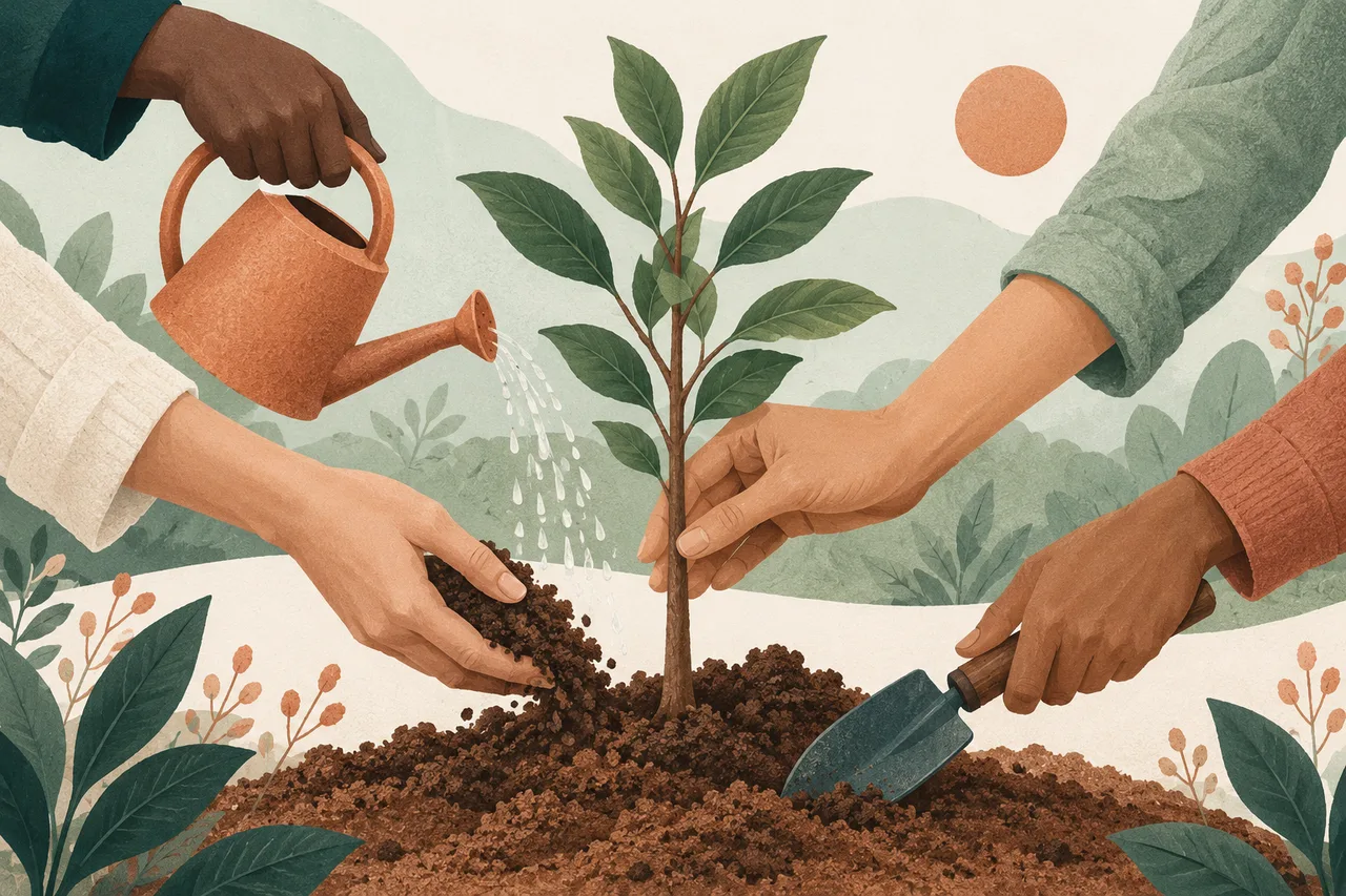 Illustration of community members contributing together